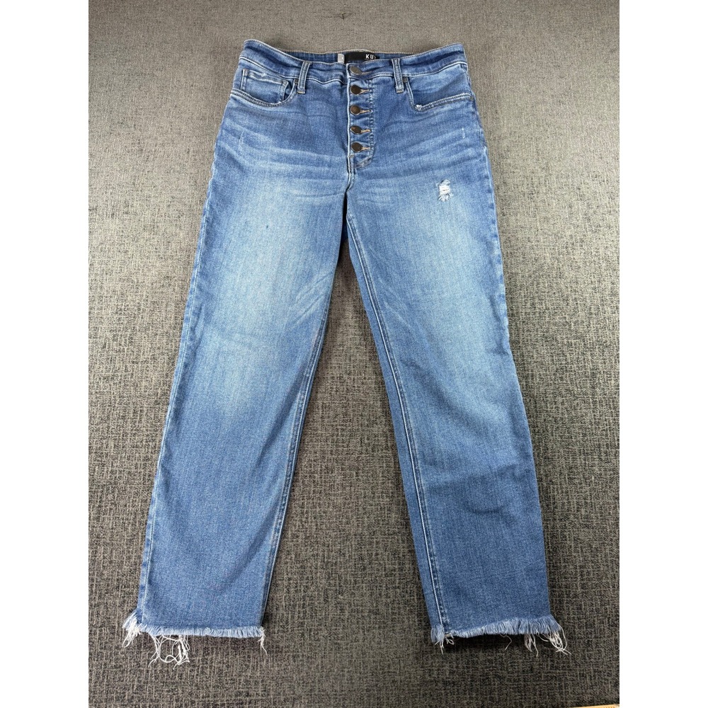 KUT from the Kloth High Rise Straight Leg Button Fly Frayed Hem Jeans Blue 6